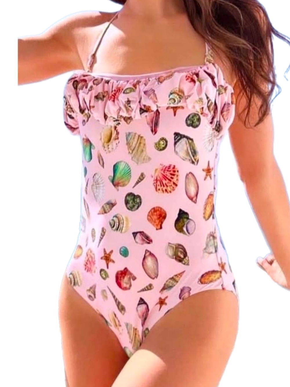 NWT Antonio Melani Pink Seashell Swimsuit w/Ruffle Bust Removable Straps Sz L